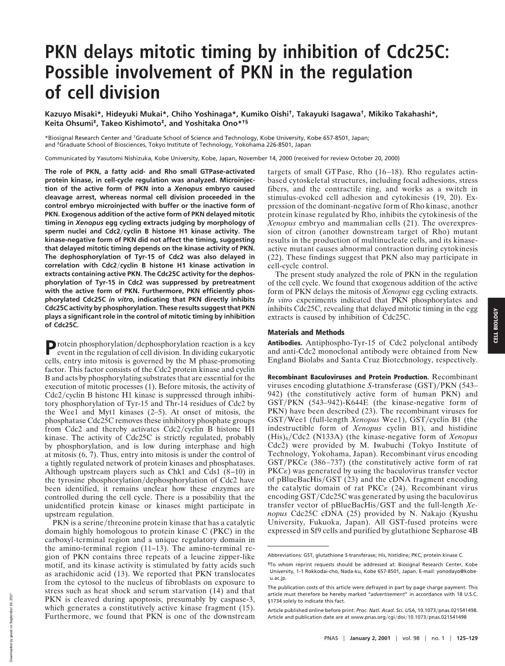 PKN Delays Mitotic Timing by Inhibition of Cdc25c: Possible Involvement of PKN in the Regulation of Cell Division