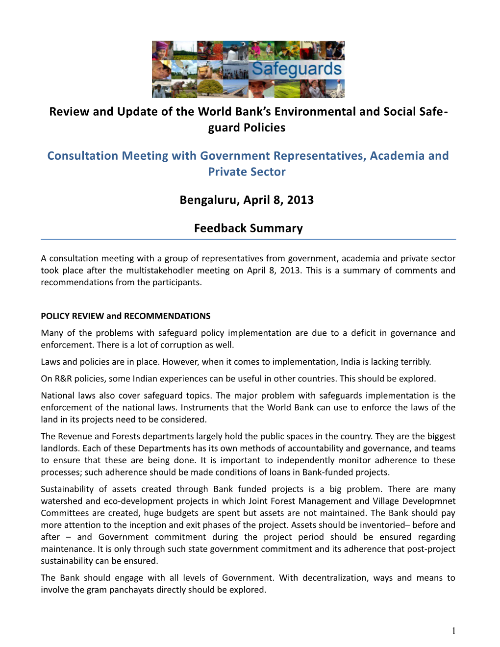 Review and Update of the World Bank S Environmental and Social Safeguard Policies s1