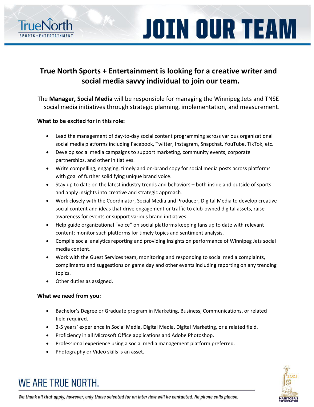 True North Sports + Entertainment Is Looking for a Creative Writer and Social Media Savvy Individual to Join Our Team