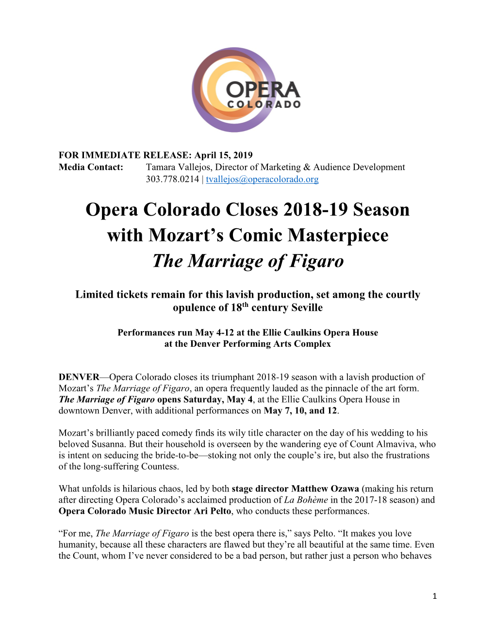 Opera Colorado Closes 2018-19 Season with Mozart's Comic