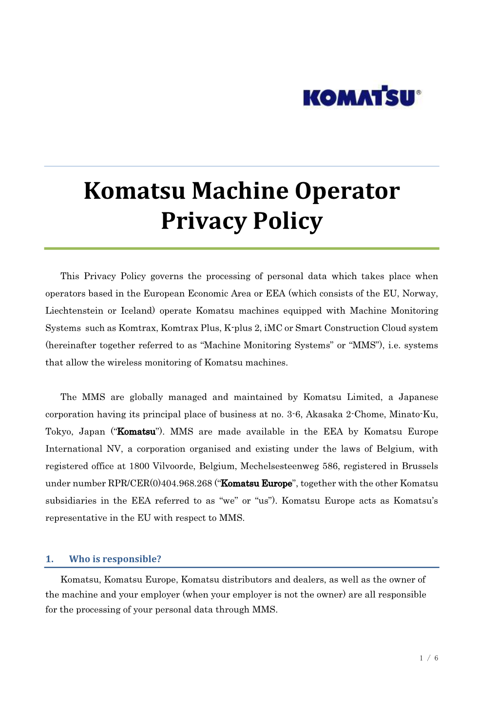 Komatsu Machine Operator Privacy Policy