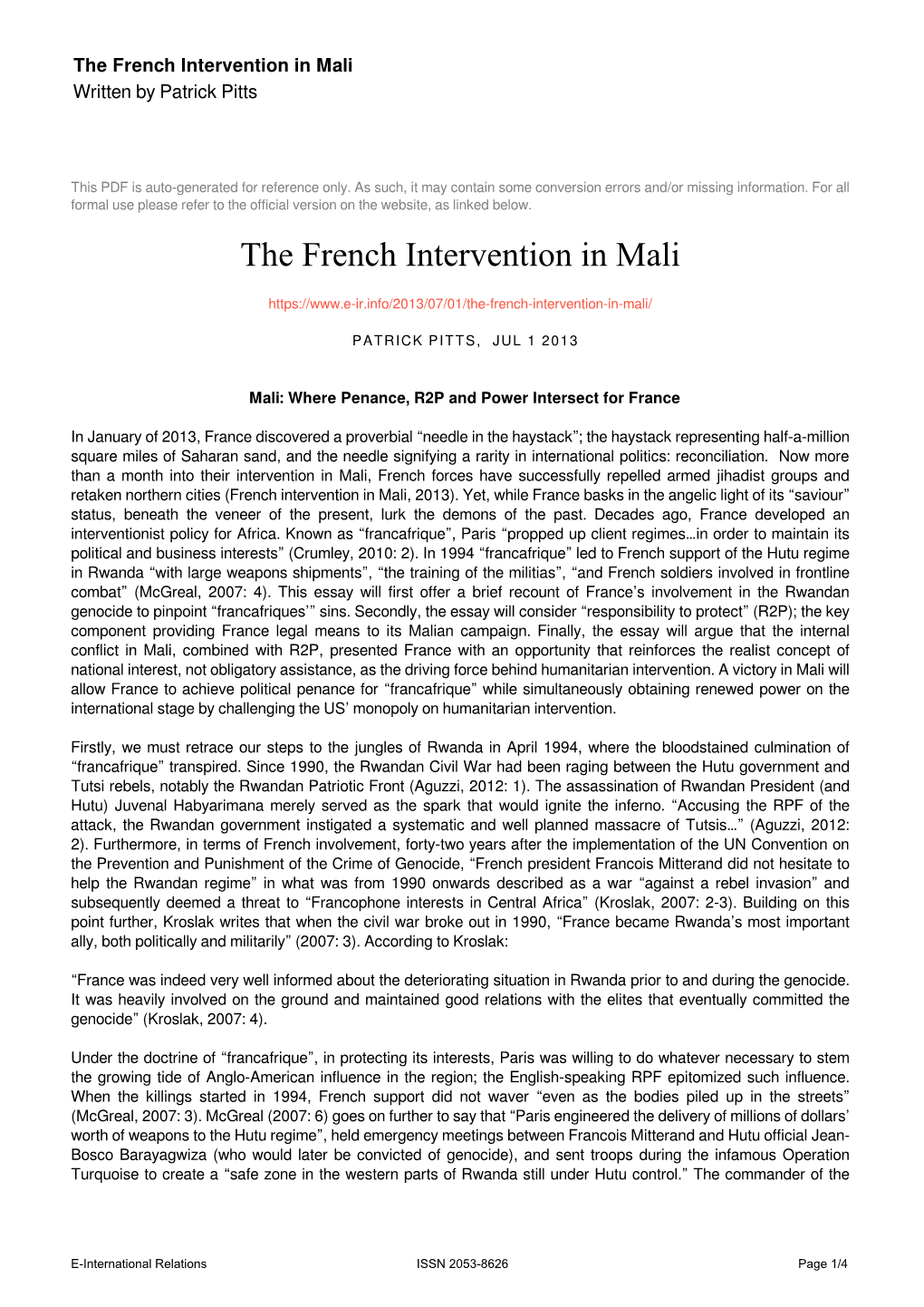 The French Intervention in Mali Written by Patrick Pitts