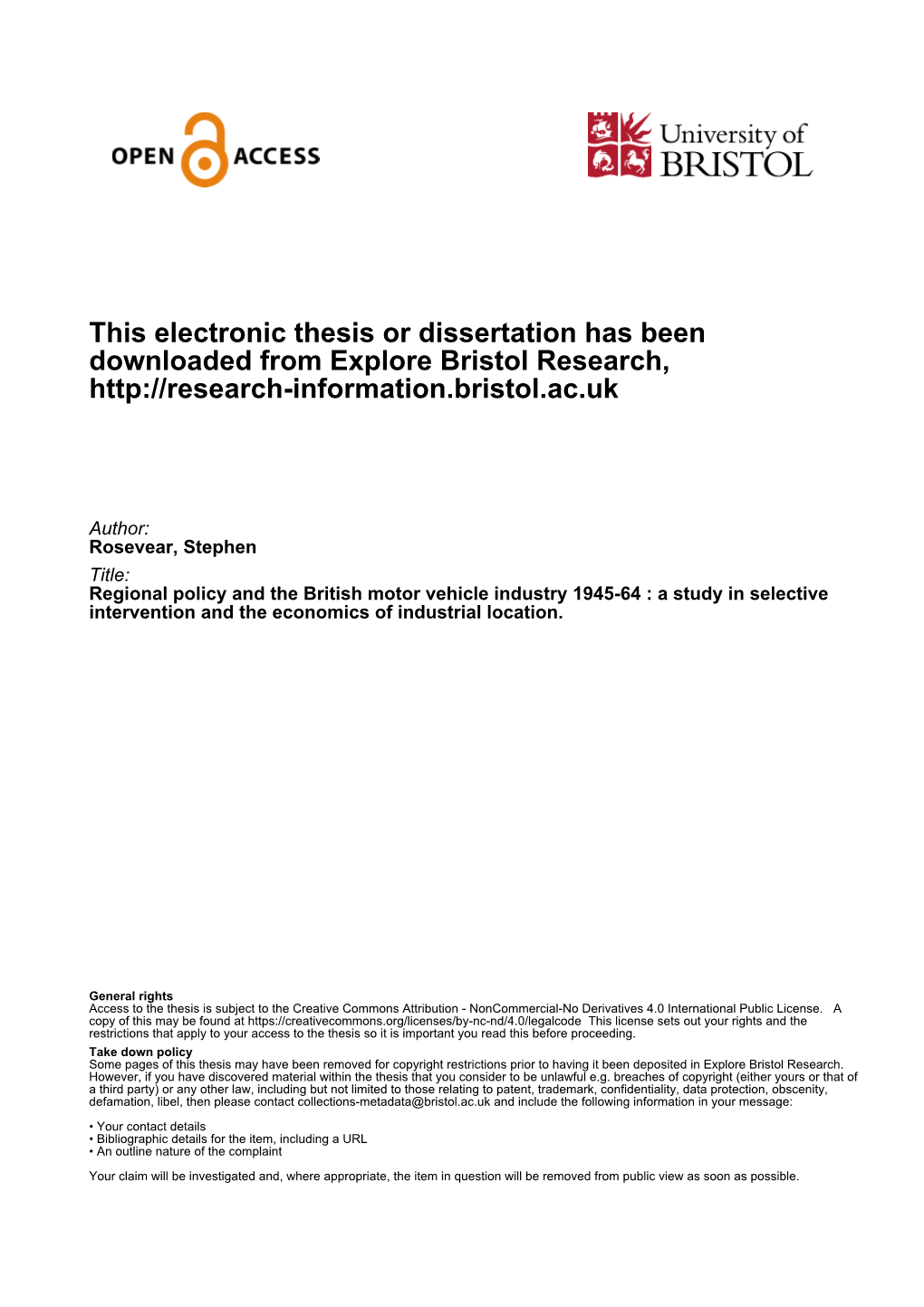 This Electronic Thesis Or Dissertation Has Been Downloaded from Explore Bristol Research