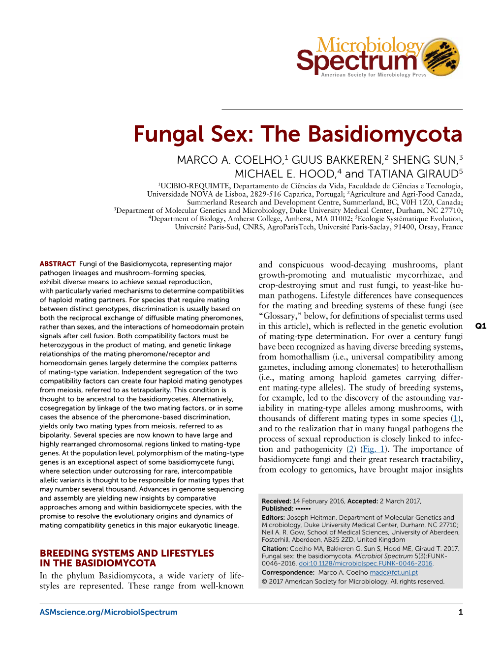 Fungal Sex: the Basidiomycota MARCO A