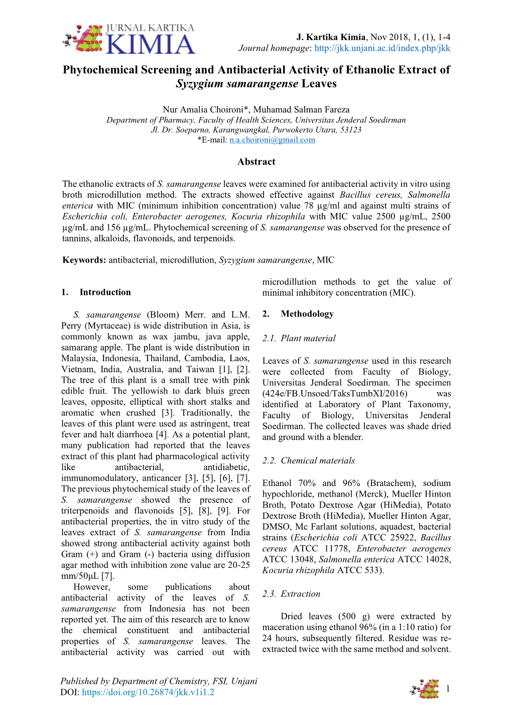 Phytochemical Screening and Antibacterial Activity of Ethanolic Extract of Syzygium Samarangense Leaves