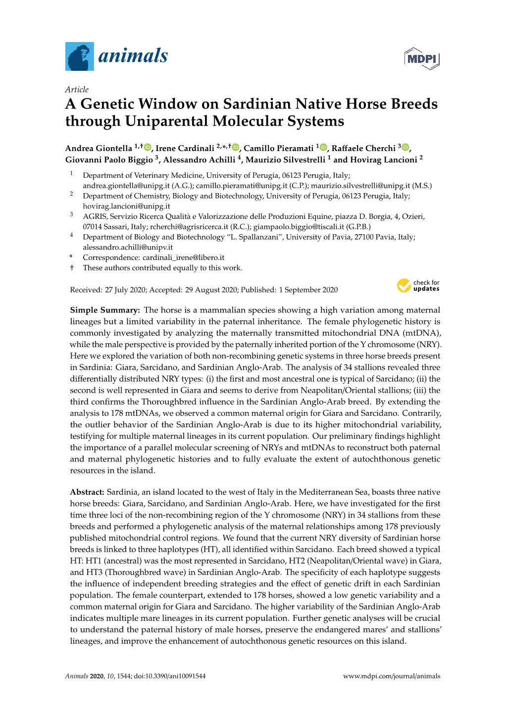 A Genetic Window on Sardinian Native Horse Breeds Through Uniparental Molecular Systems