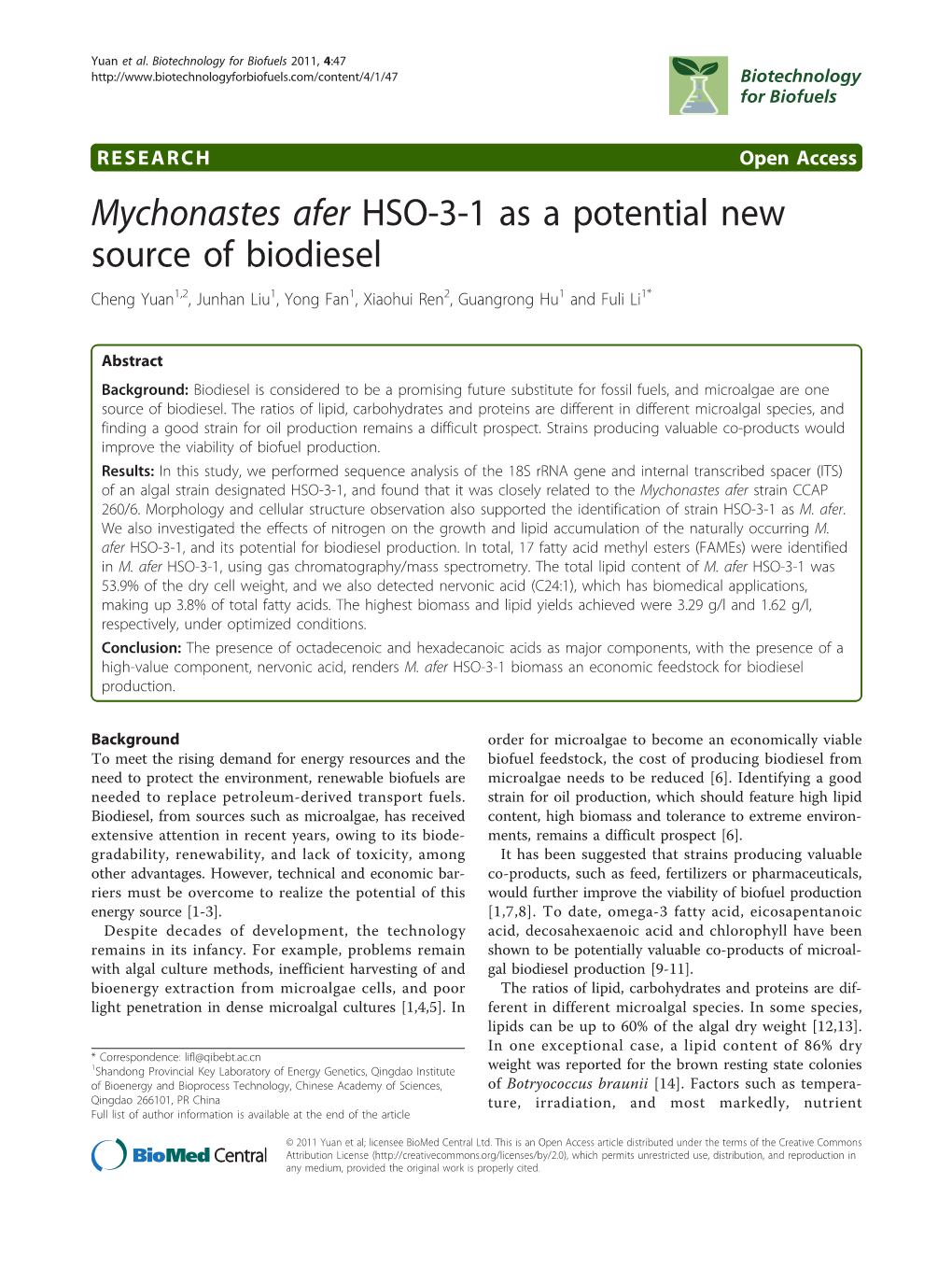 Mychonastes Afer HSO-3-1 As a Potential New Source of Biodiesel Cheng Yuan1,2, Junhan Liu1, Yong Fan1, Xiaohui Ren2, Guangrong Hu1 and Fuli Li1*