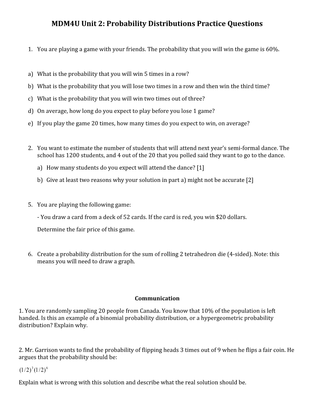 MDM4U Unit 2: Probability Distributions Test