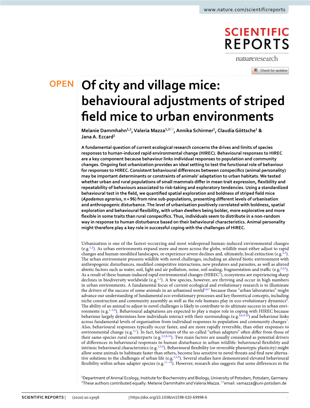 Behavioural Adjustments of Striped Field Mice to Urban Environments