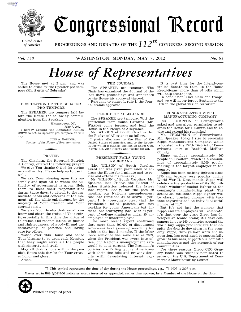 Congressional Record United States Th of America PROCEEDINGS and DEBATES of the 112 CONGRESS, SECOND SESSION