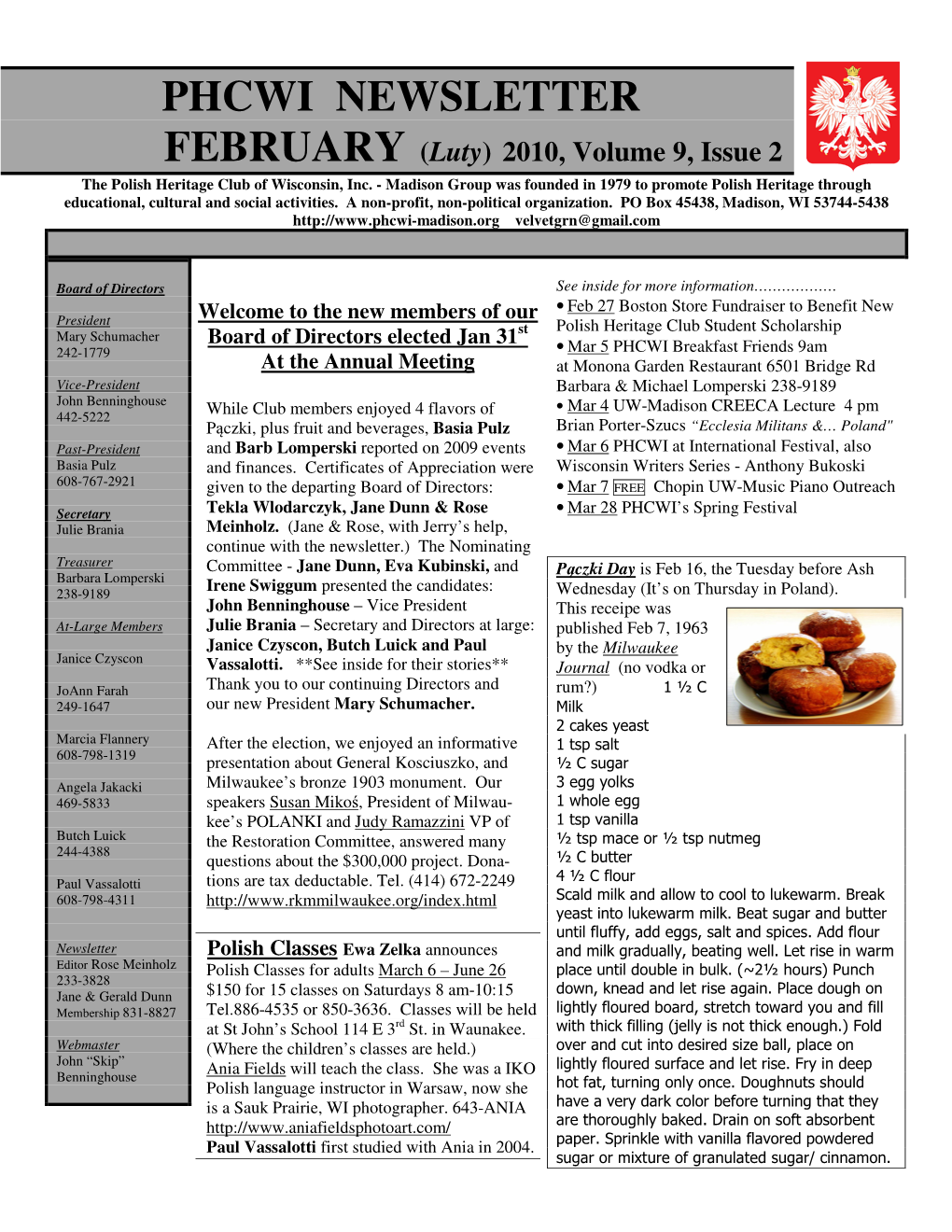 PHCWI NEWSLETTER FEBRUARY (Luty ) 2010, Volume 9, Issue 2 the Polish Heritage Club of Wisconsin, Inc