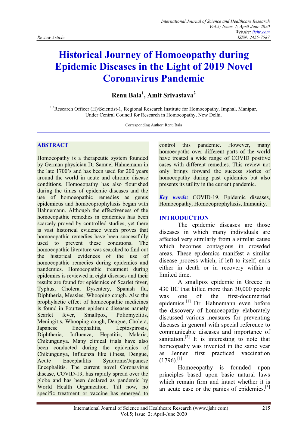 Historical Journey of Homoeopathy During Epidemic Diseases in the Light of 2019 Novel Coronavirus Pandemic