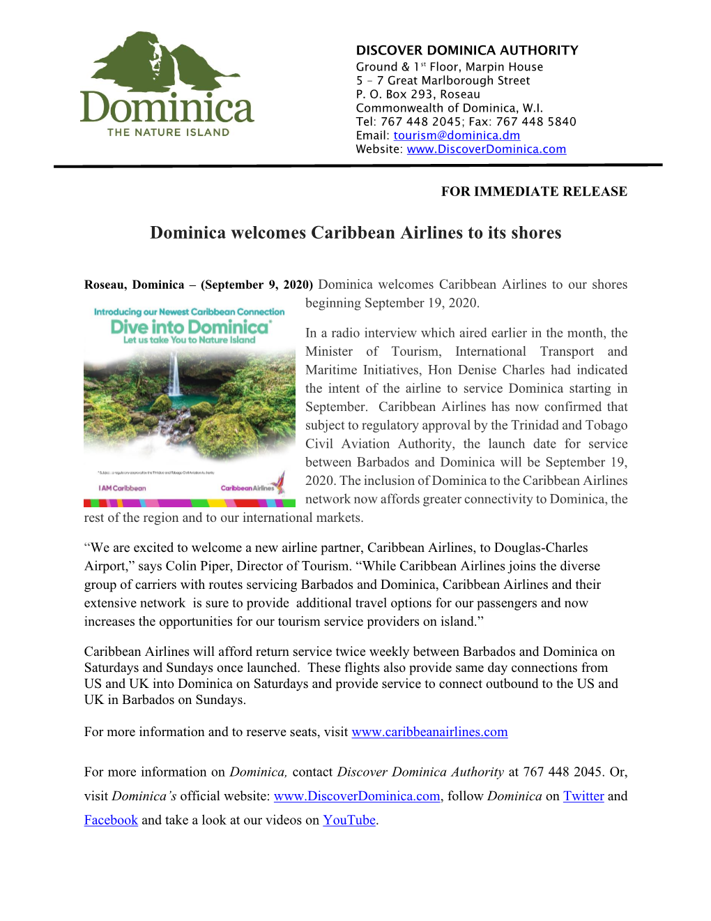 Dominica Welcomes Caribbean Airlines to Its Shores