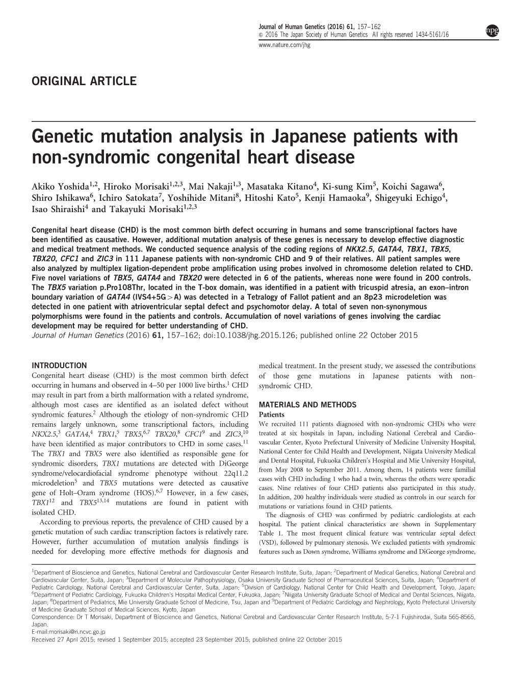 Genetic Mutation Analysis in Japanese Patients with Non-Syndromic Congenital Heart Disease