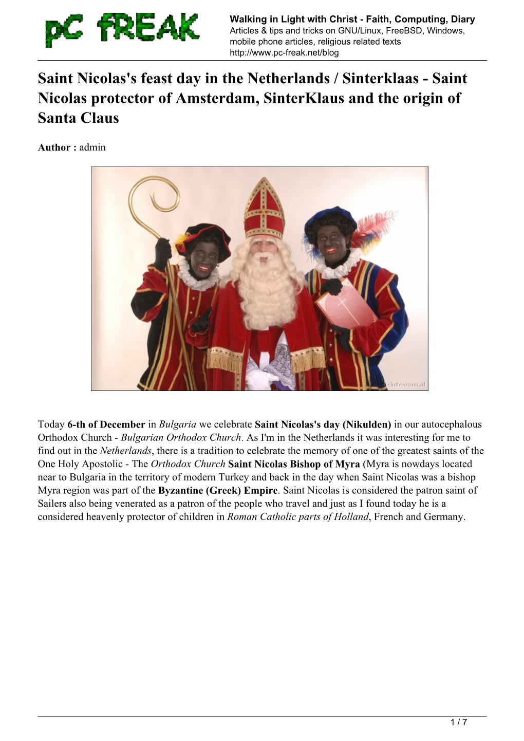 Saint Nicolas's Feast Day in the Netherlands / Sinterklaas - Saint Nicolas Protector of Amsterdam, Sinterklaus and the Origin of Santa Claus