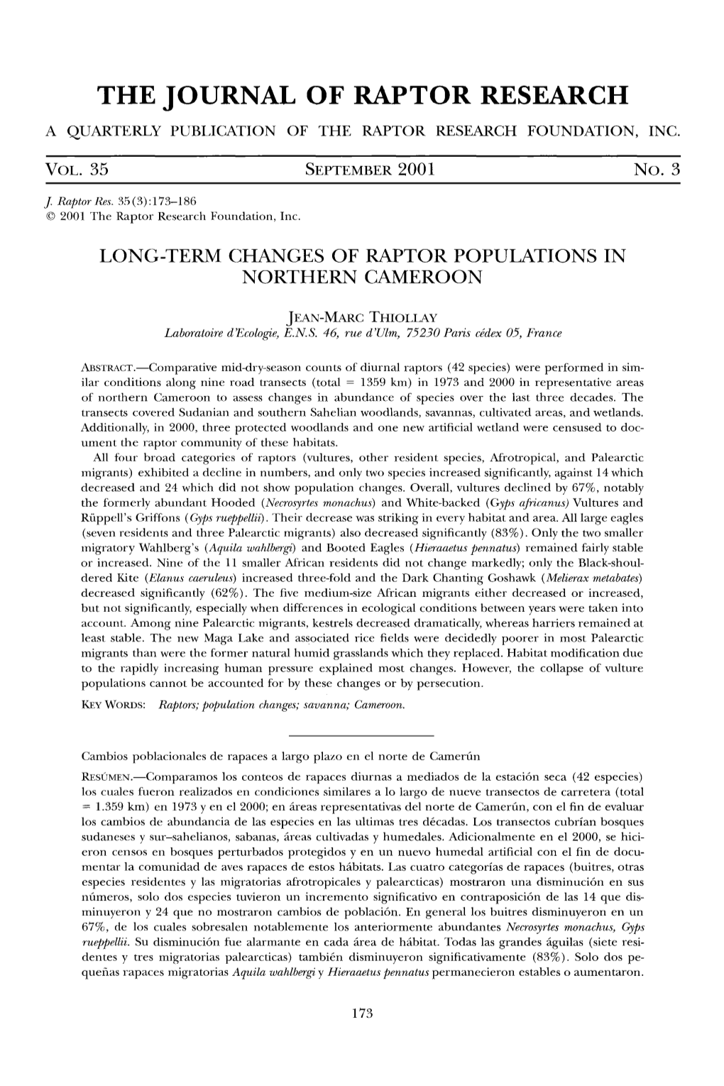 Term Changes of Raptor Populations in Northern Cameroon