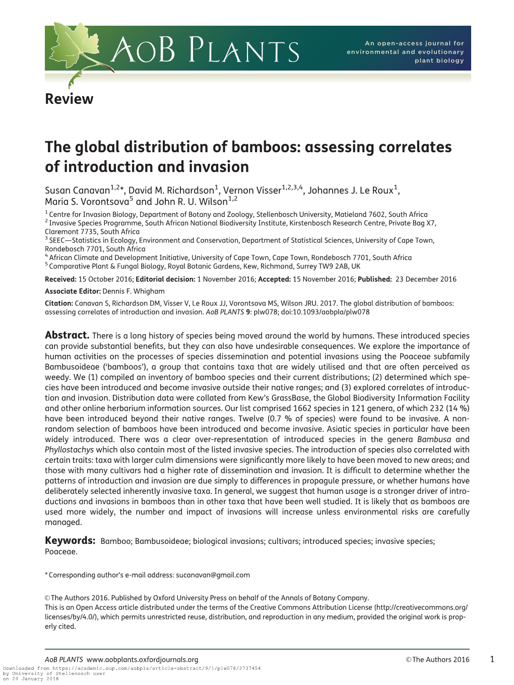 The Global Distribution of Bamboos: Assessing Correlates of Introduction and Invasion