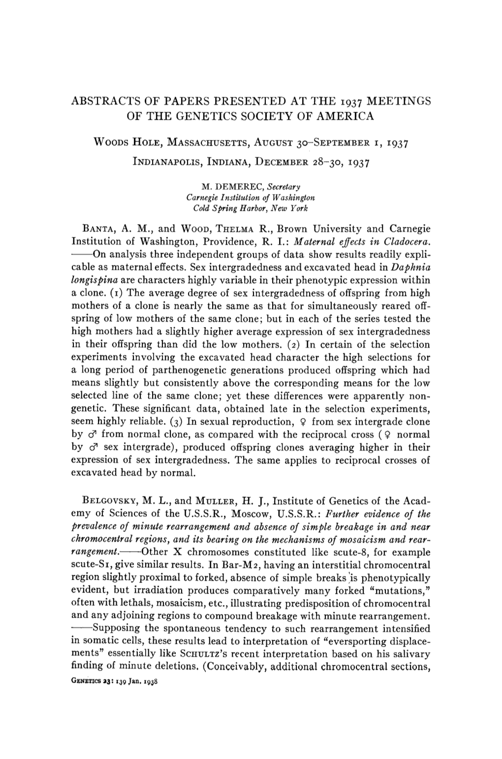 Abstracts of Papers Presented at the 1937 Meetings of the Genetics Society of America