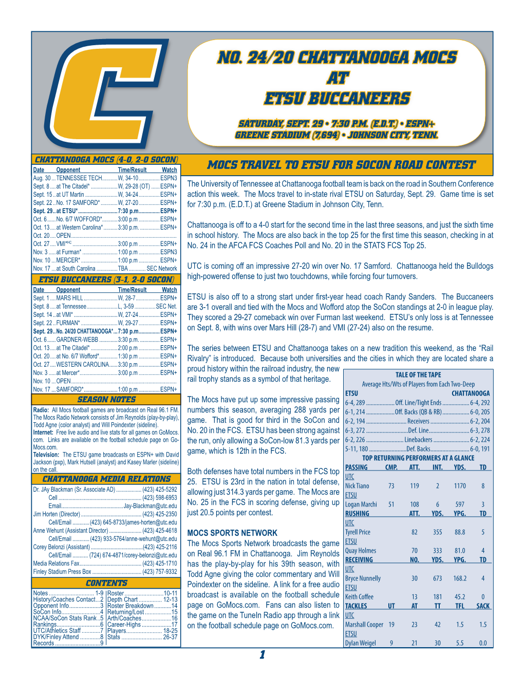 No. 24/20 Chattanooga Mocs at Etsu Buccaneers