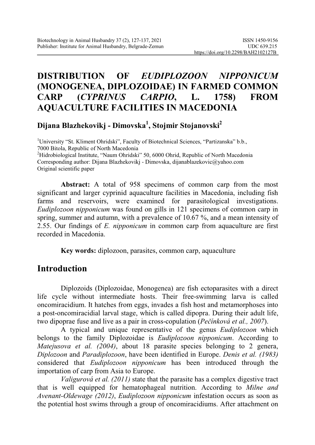 In Farmed Common Carp (Cyprinus Carpio, L. 1758) from Aquaculture Facilities in Macedonia