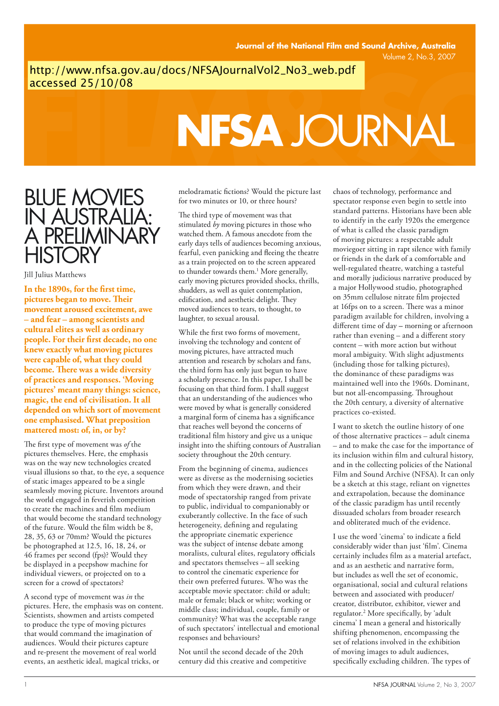 Blue Movies in Australia: a Preliminary History