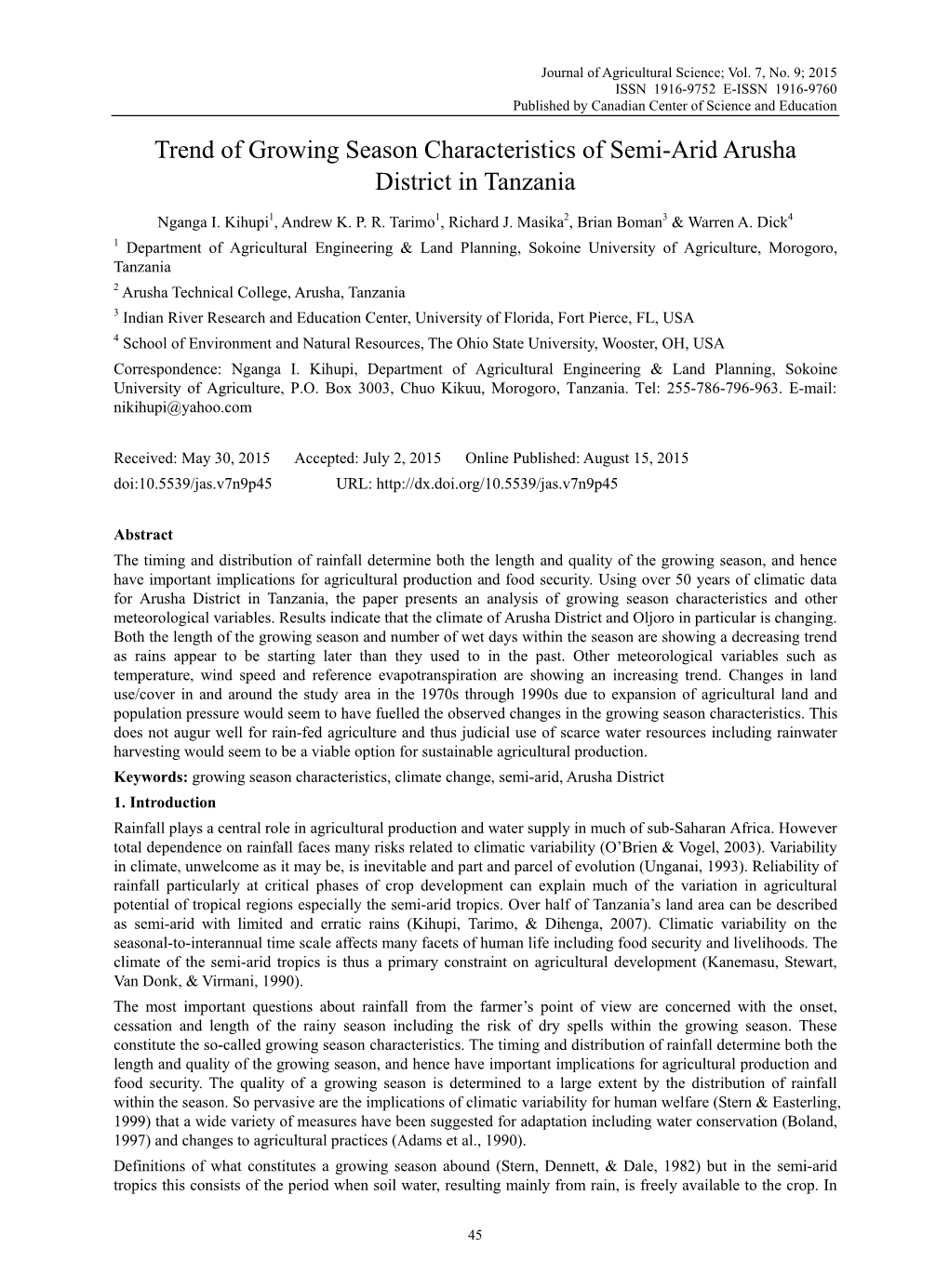 Trend of Growing Season Characteristics of Semi-Arid Arusha District in Tanzania