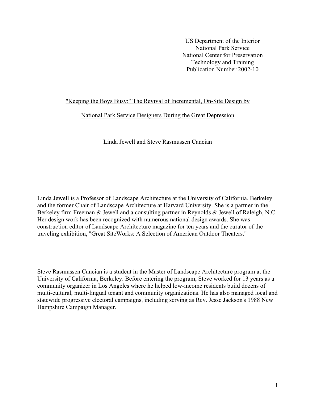 US Department of the Interior National Park Service National Center for Preservation Technology and Training Publication Number 2002-10