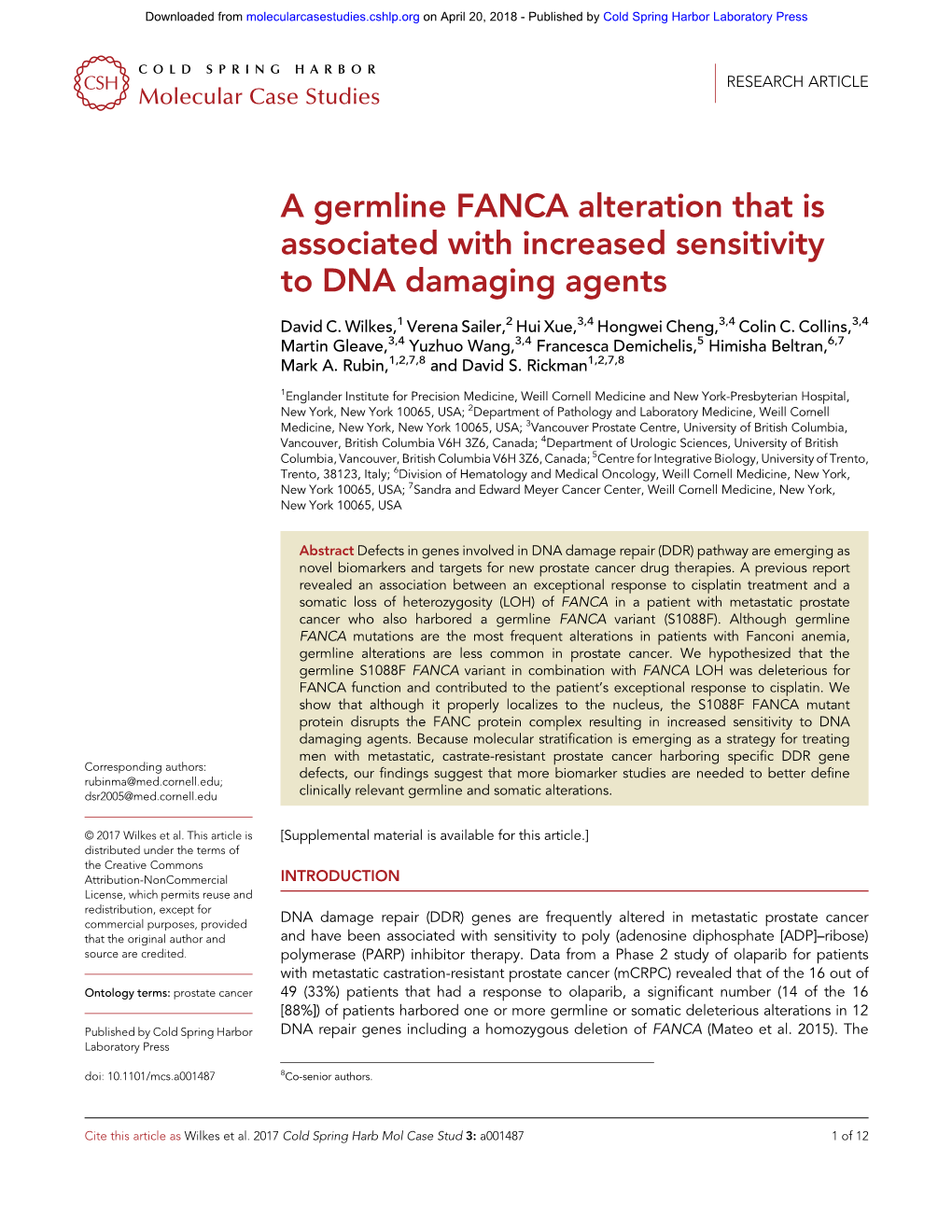 A Germline FANCA Alteration That Is Associated with Increased Sensitivity to DNA Damaging Agents