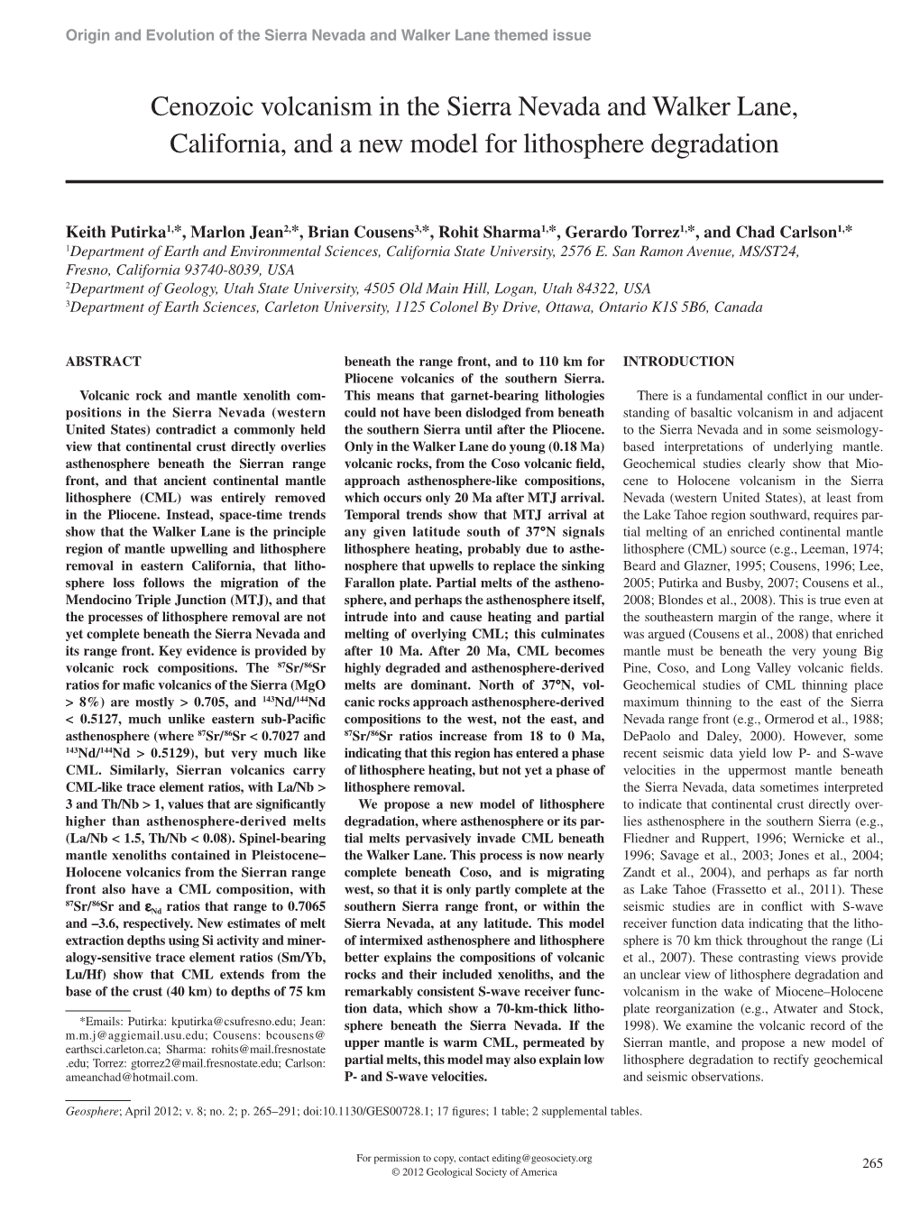 Cenozoic Volcanism in the Sierra Nevada and Walker Lane, California, and a New Model for Lithosphere Degradation