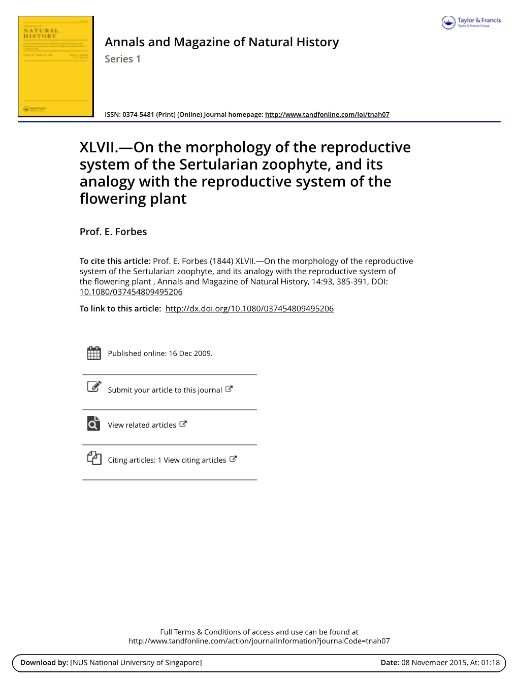 On the Morphology of the Reproductive System of the Sertularian Zoophyte, and Its Analogy with the Reproductive System of the Flowering Plant