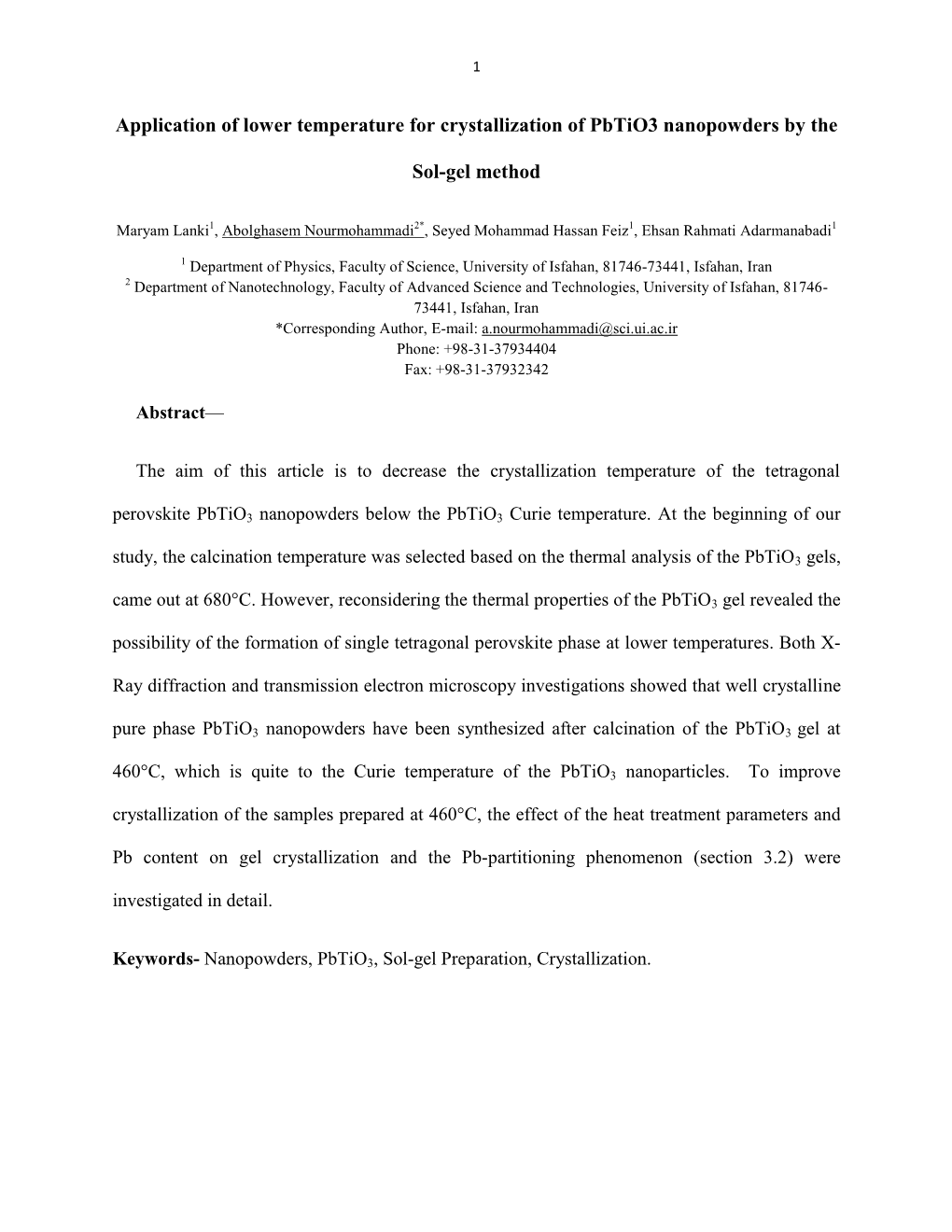 Application of Lower Temperature for Crystallization of Pbtio3 Nanopowders by the Sol-Gel Method