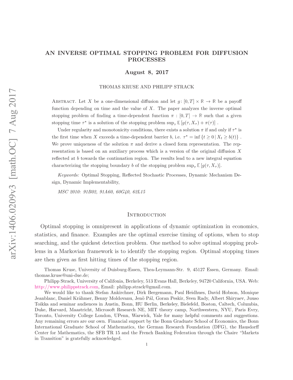 An Inverse Optimal Stopping Problem for Diffusion Processes August 8, 2017