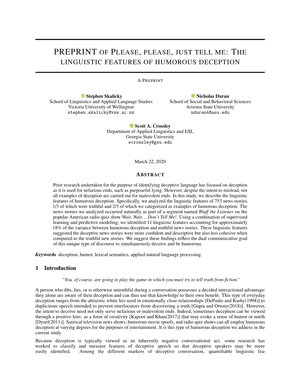 PREPRINT of Please, Please, Just Tell Me: the Linguistic Features of Humorous Deception APREPRINT