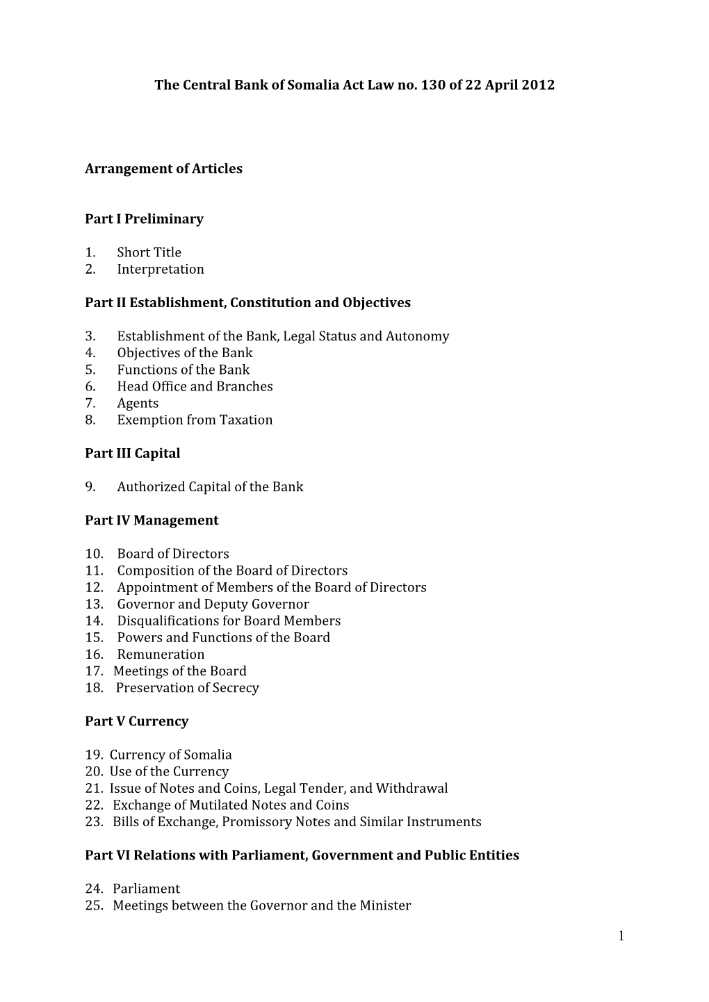 1 the Central Bank of Somalia Act Law No. 130 of 22 April 2012