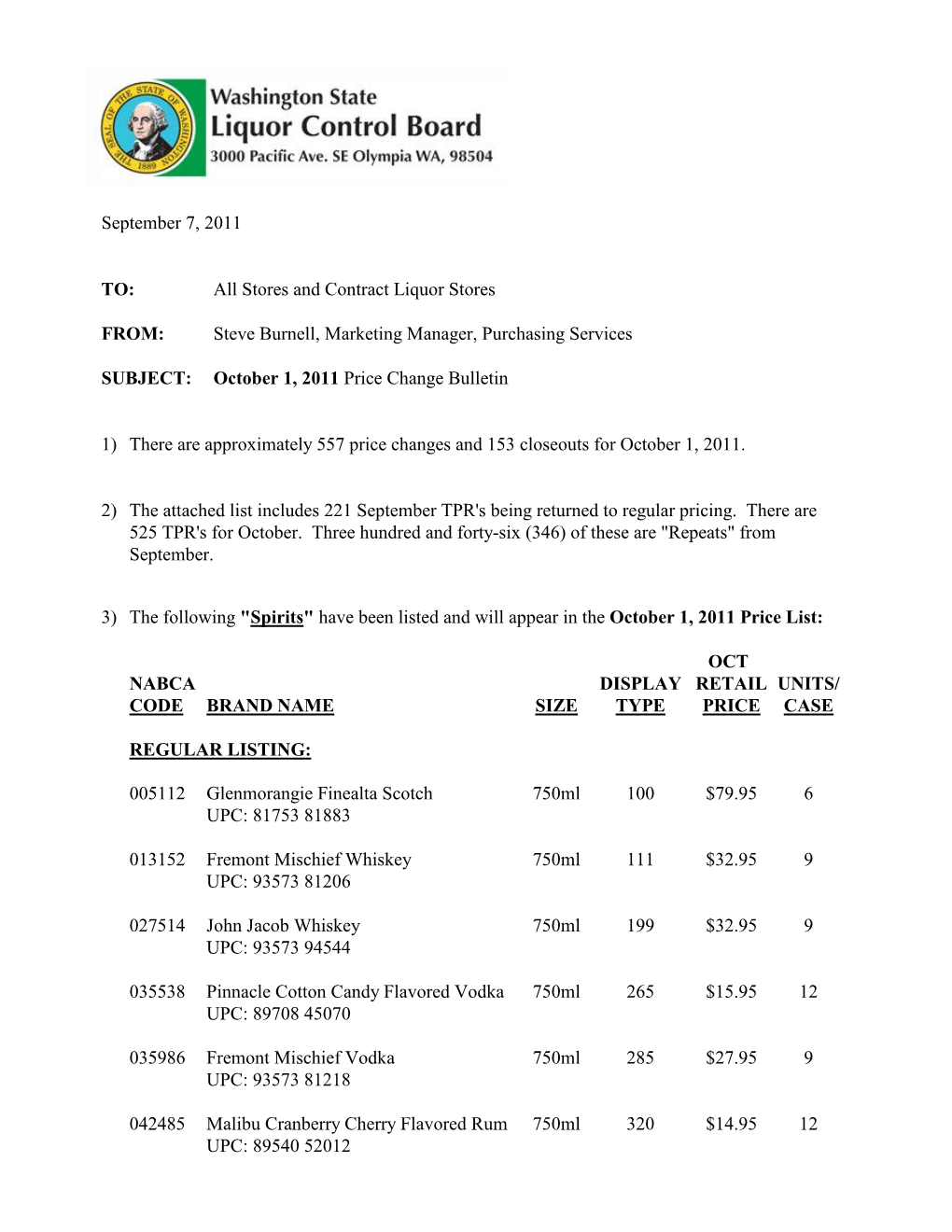 Price Change Bulletin