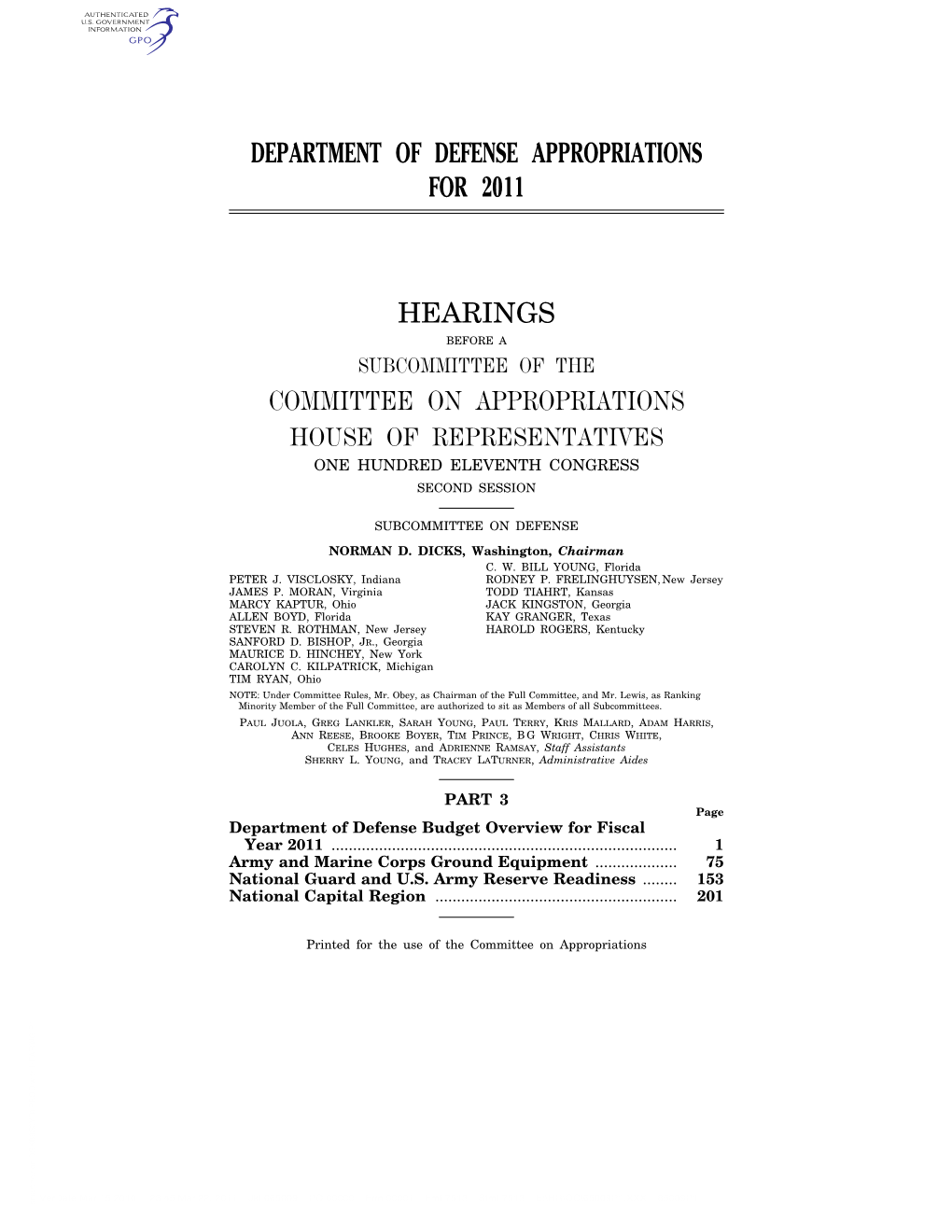 Department of Defense Appropriations for 2011 Hearings Committee on Appropriations