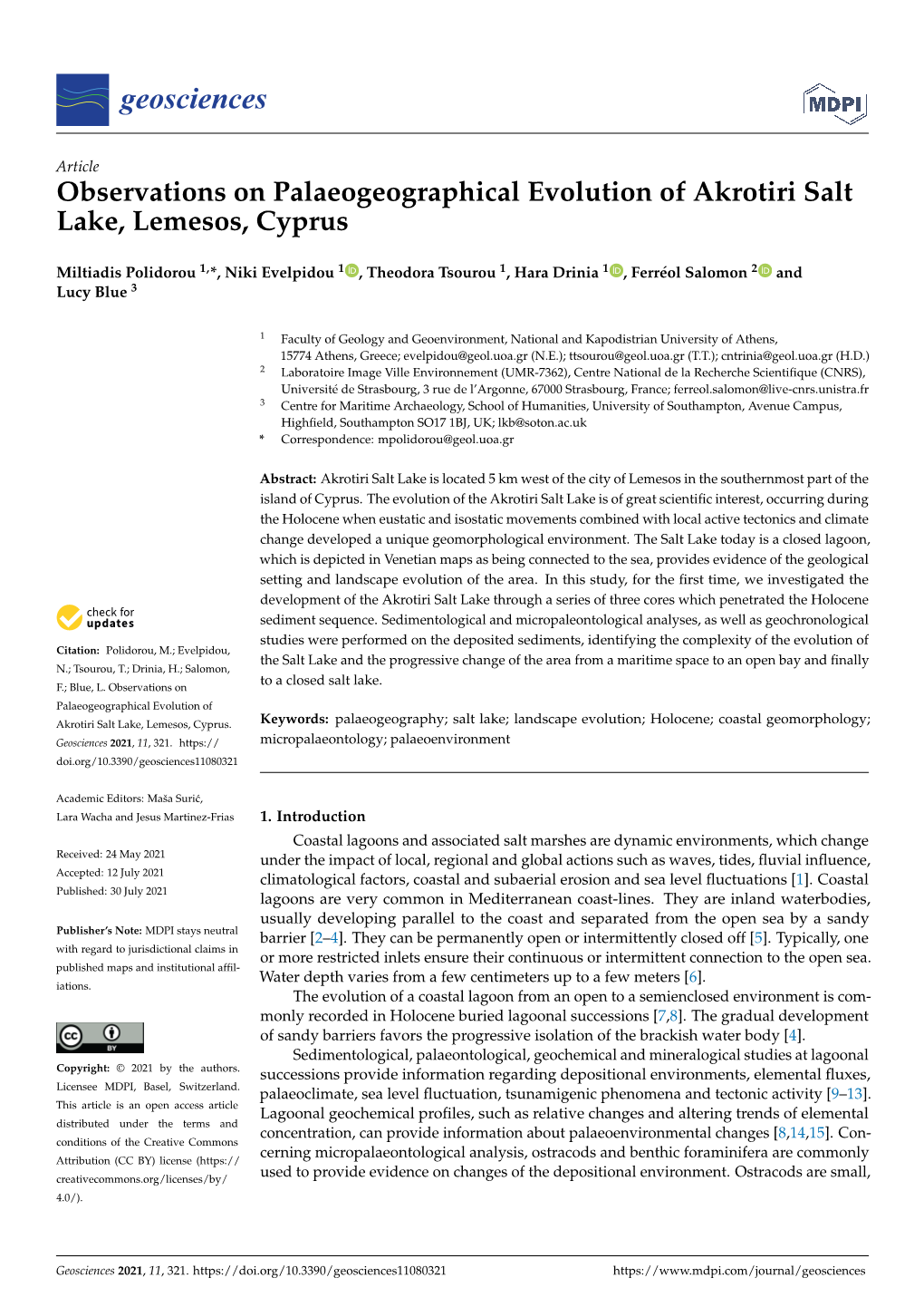 Observations on Palaeogeographical Evolution of Akrotiri Salt Lake, Lemesos, Cyprus