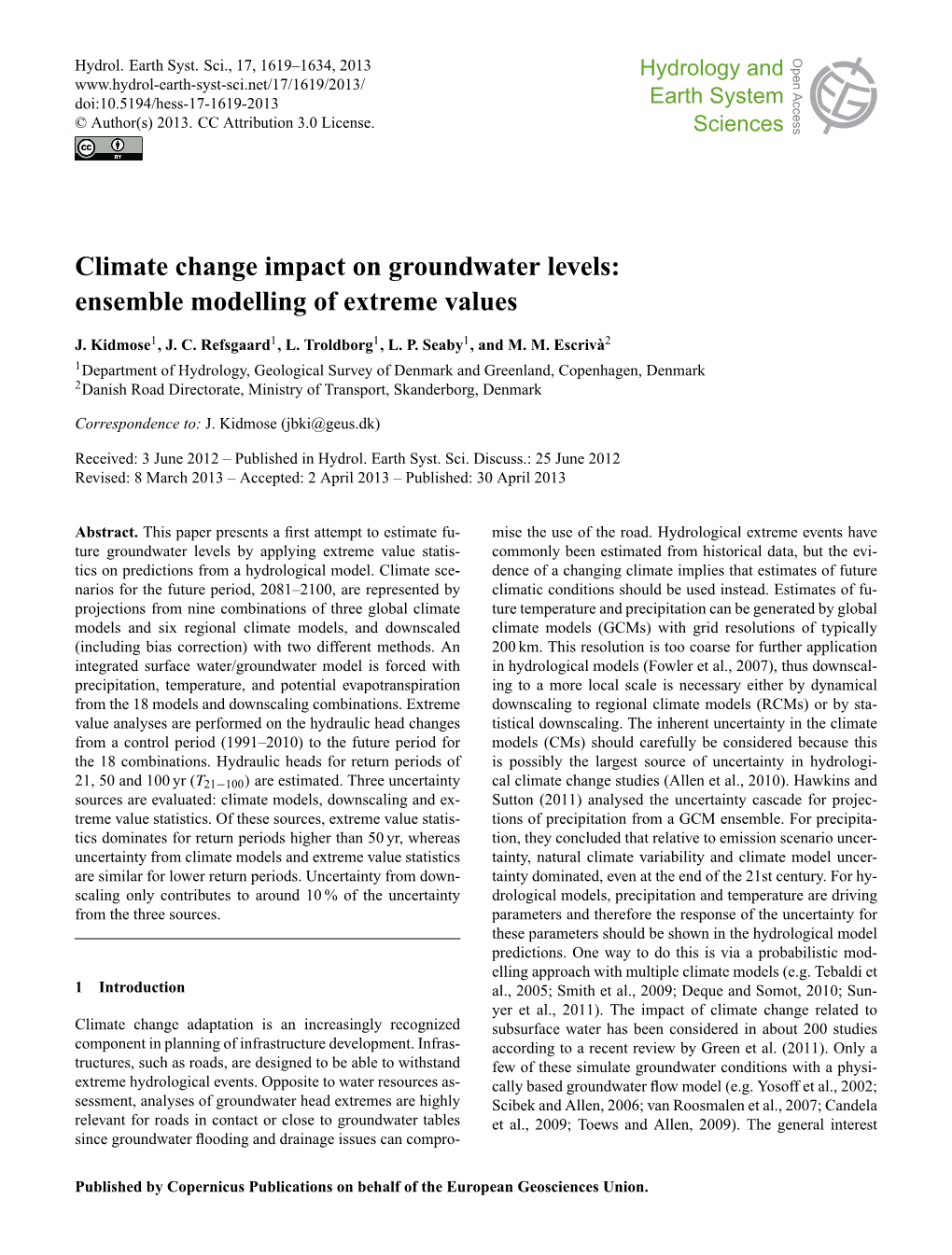 Climate Change Impact on Groundwater Levels: Open Access Open Access Ensemble Modelling of Extreme Values Solid Earth Solid Earth Discussions J