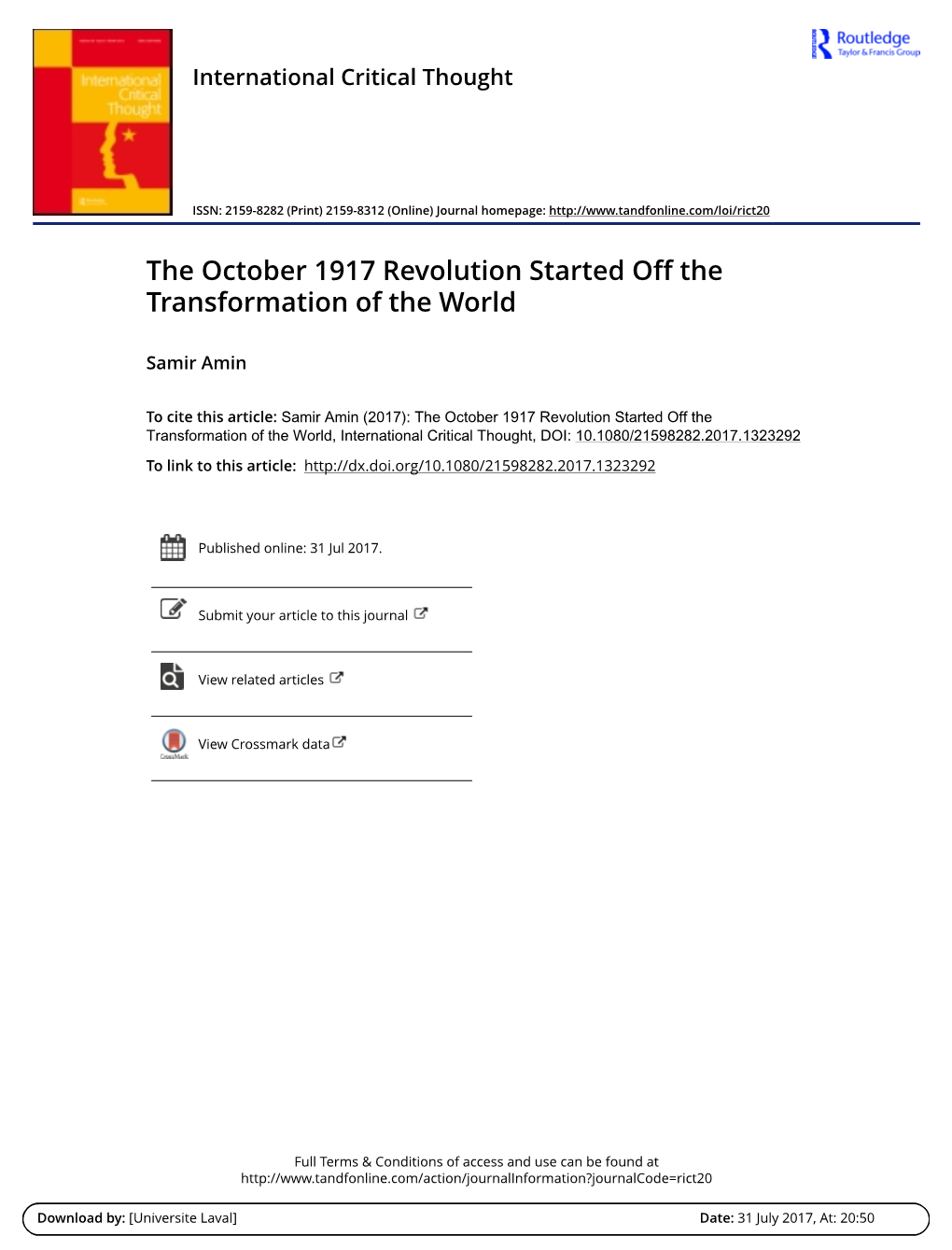 The October 1917 Revolution Started Off the Transformation of the World