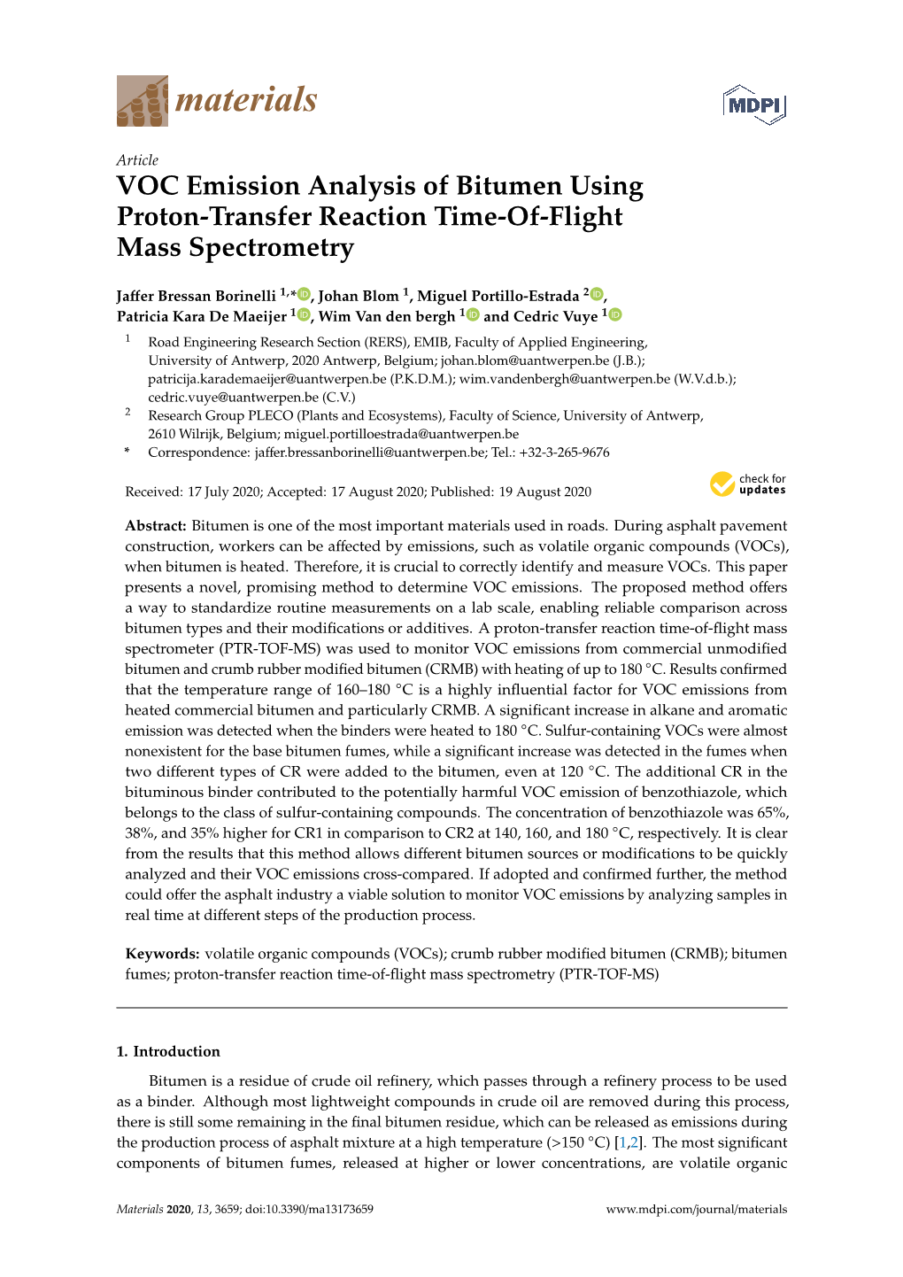 VOC Emission Analysis of Bitumen Using Proton-Transfer Reaction Time-Of-Flight Mass Spectrometry