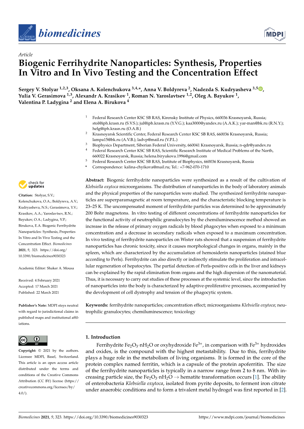 Biogenic Ferrihydrite Nanoparticles: Synthesis, Properties in Vitro and in Vivo Testing and the Concentration Effect