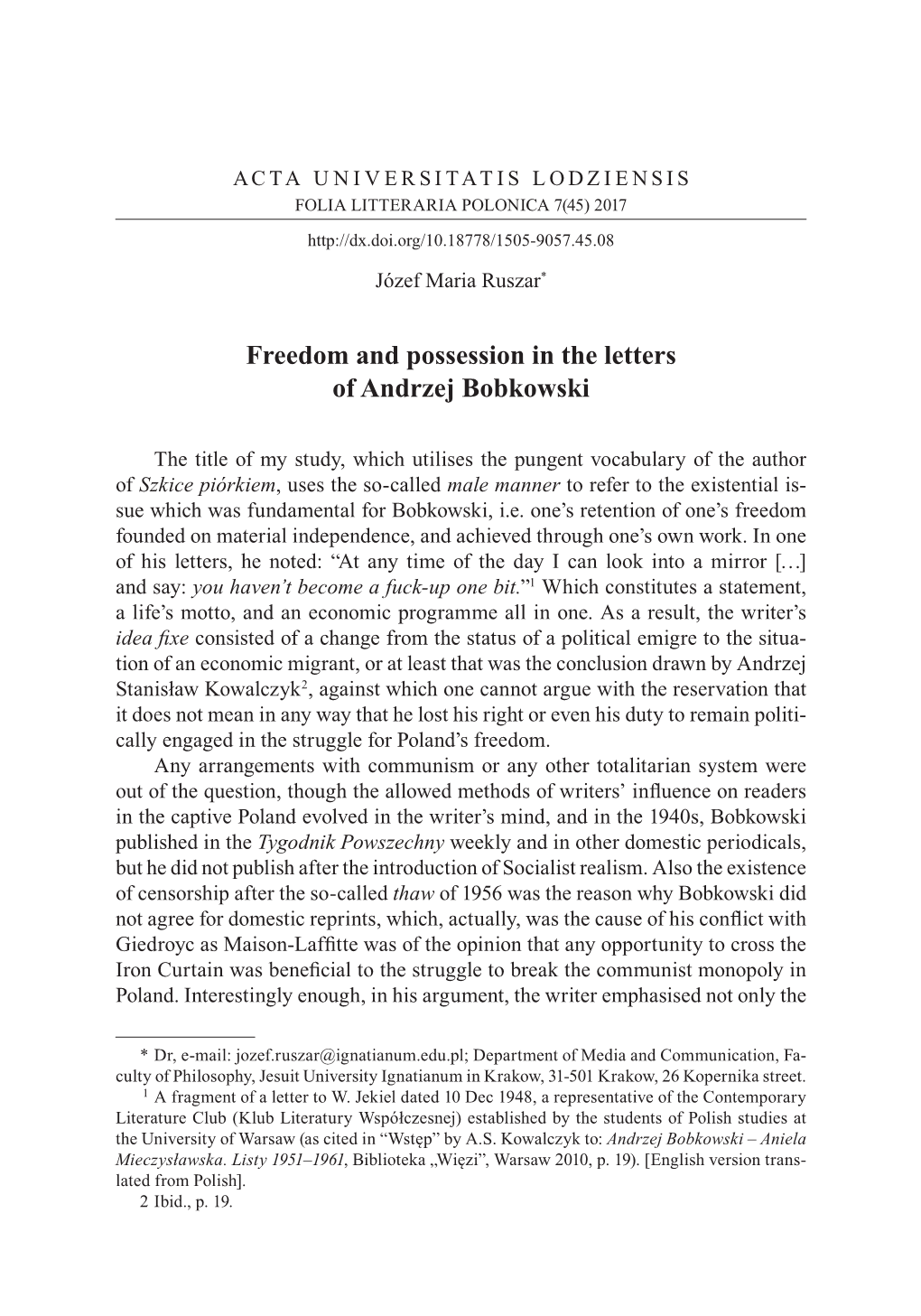 Freedom and Possession in the Letters of Andrzej Bobkowski