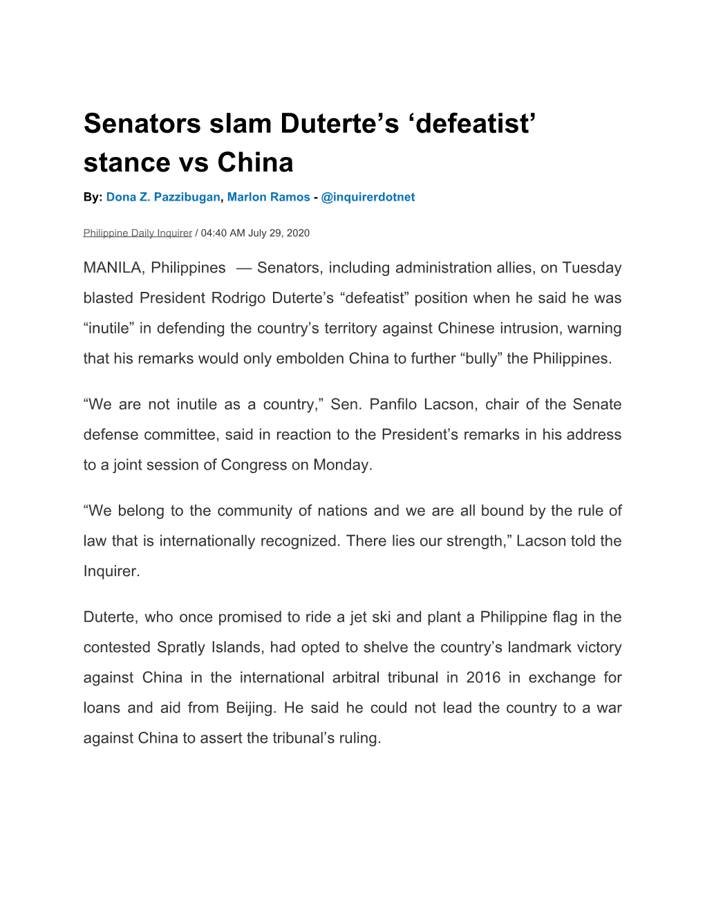 Senators Slam Duterte's 'Defeatist' Stance Vs China