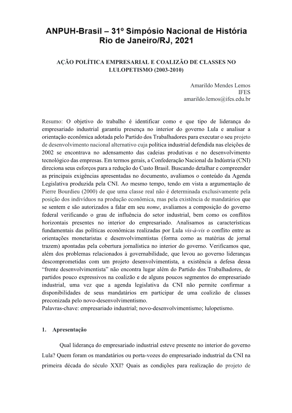 Ação Política Empresarial E Coalizão De Classes No Lulopetismo (2003-2010)