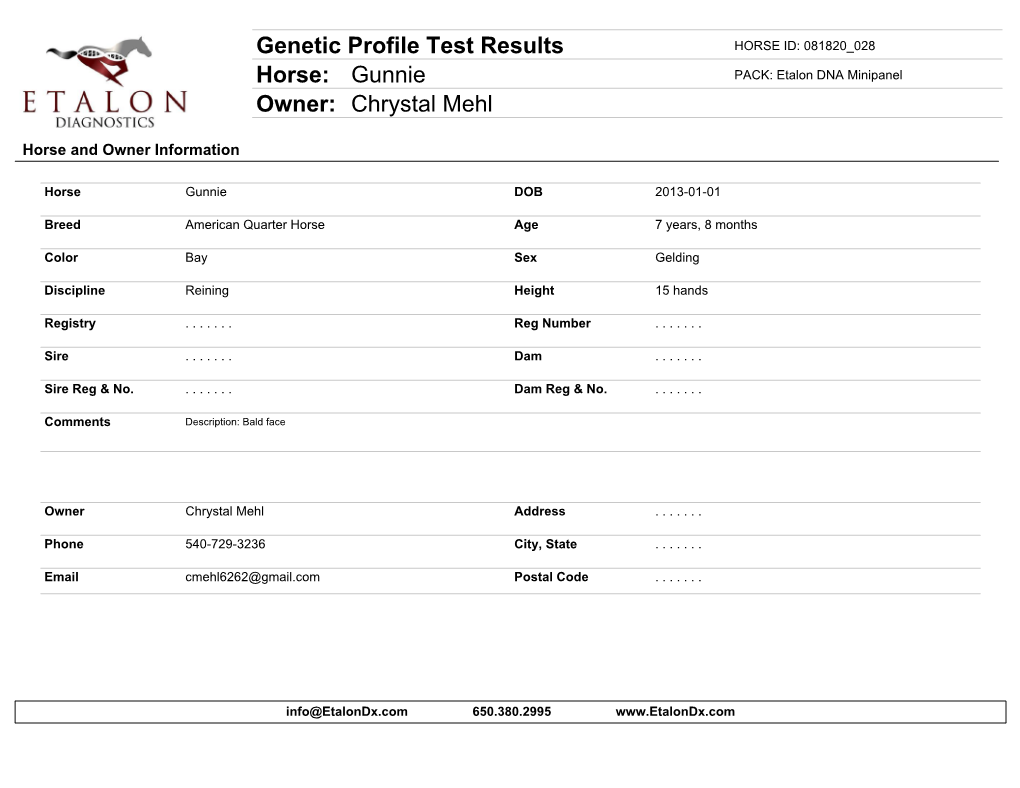 Genetic Profile Test Results Horse: Gunnie Owner: Chrystal Mehl