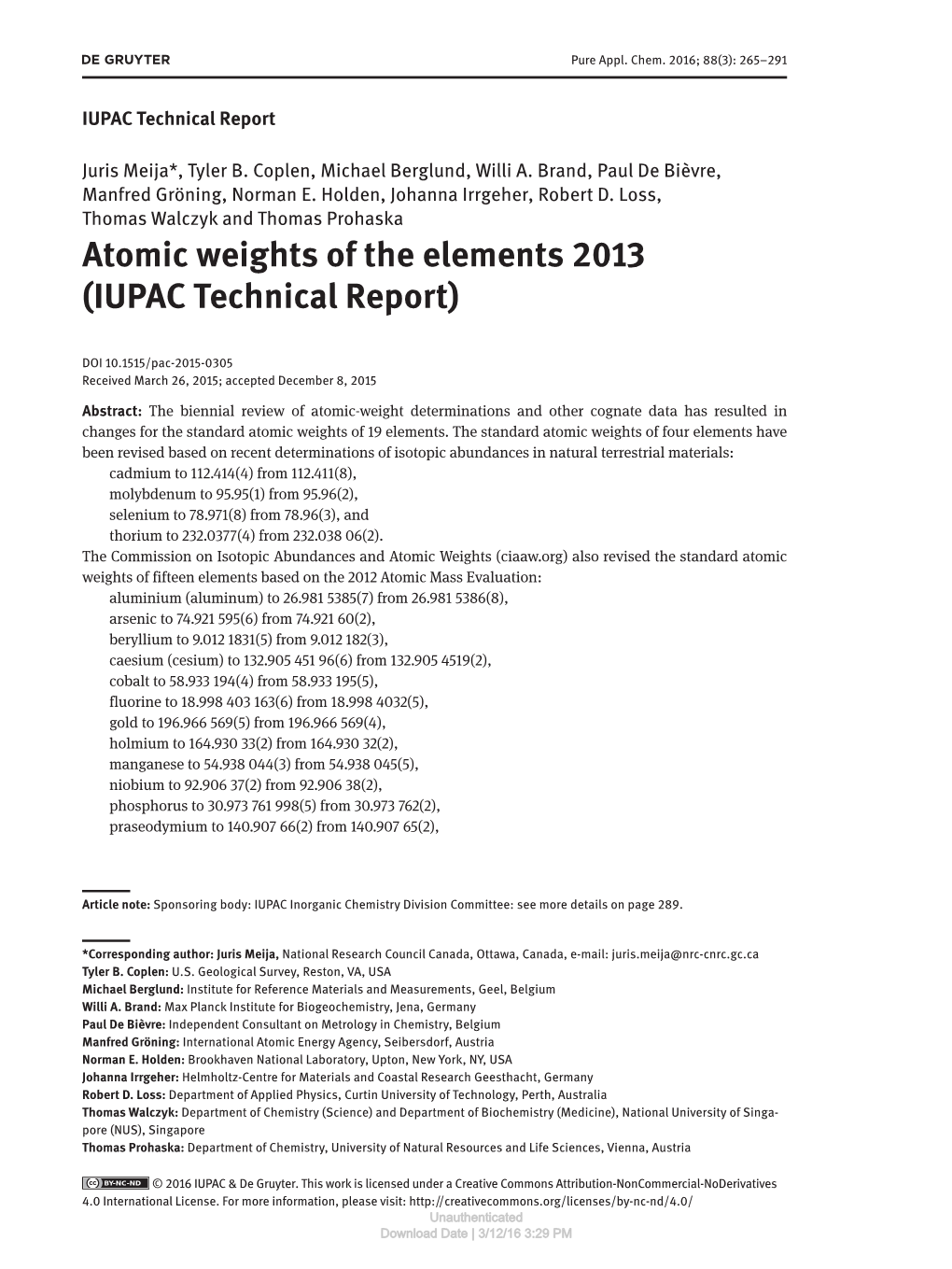 Atomic Weights of the Elements 2013 (IUPAC Technical Report)