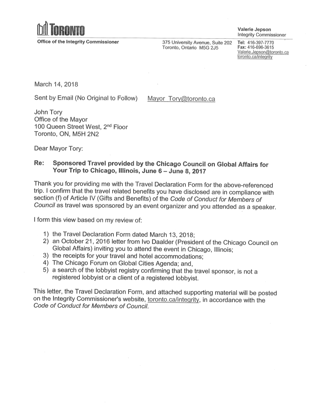 Travel Declaration Form: Mayor Tory (Chicago, USA)