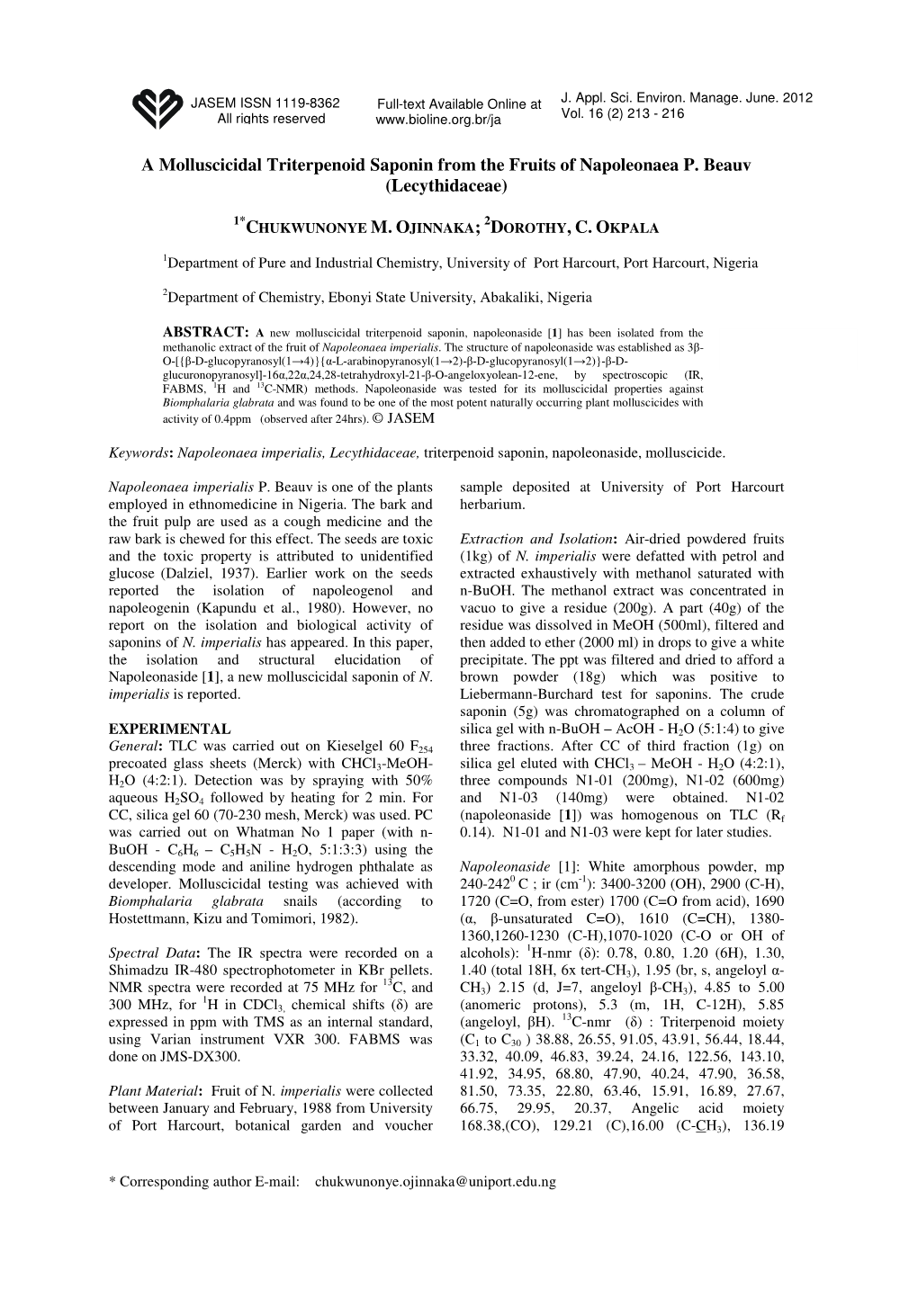 A Molluscicidal Triterpenoid Saponin from the Fruits of Napoleonaea P. Beauv (Lecythidaceae)