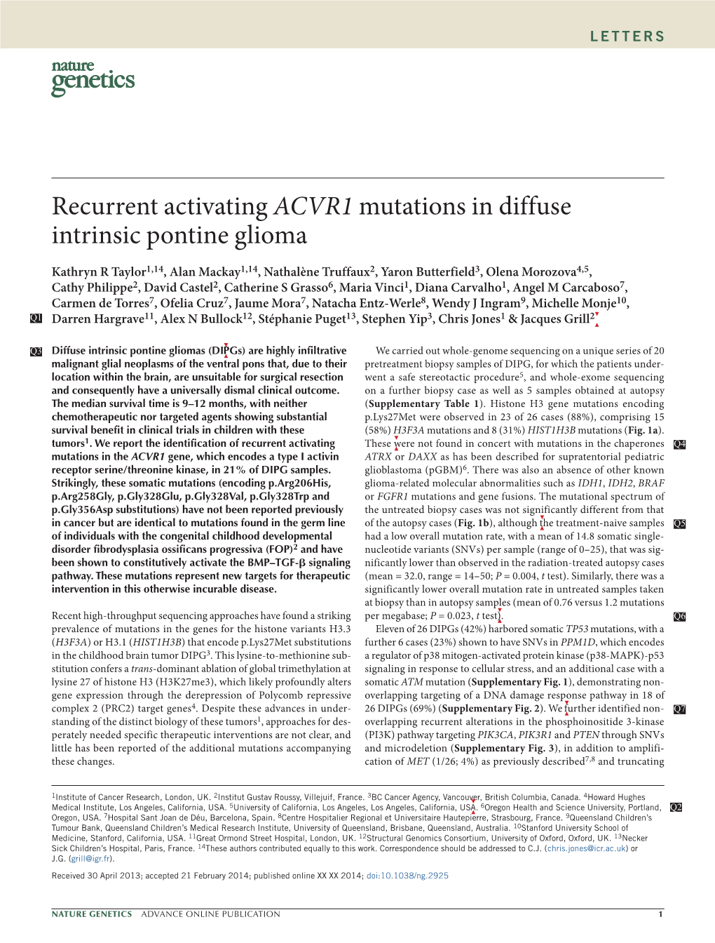 Recurrent Activating ACVR1 Mutations in Diffuse Intrinsic Pontine Glioma