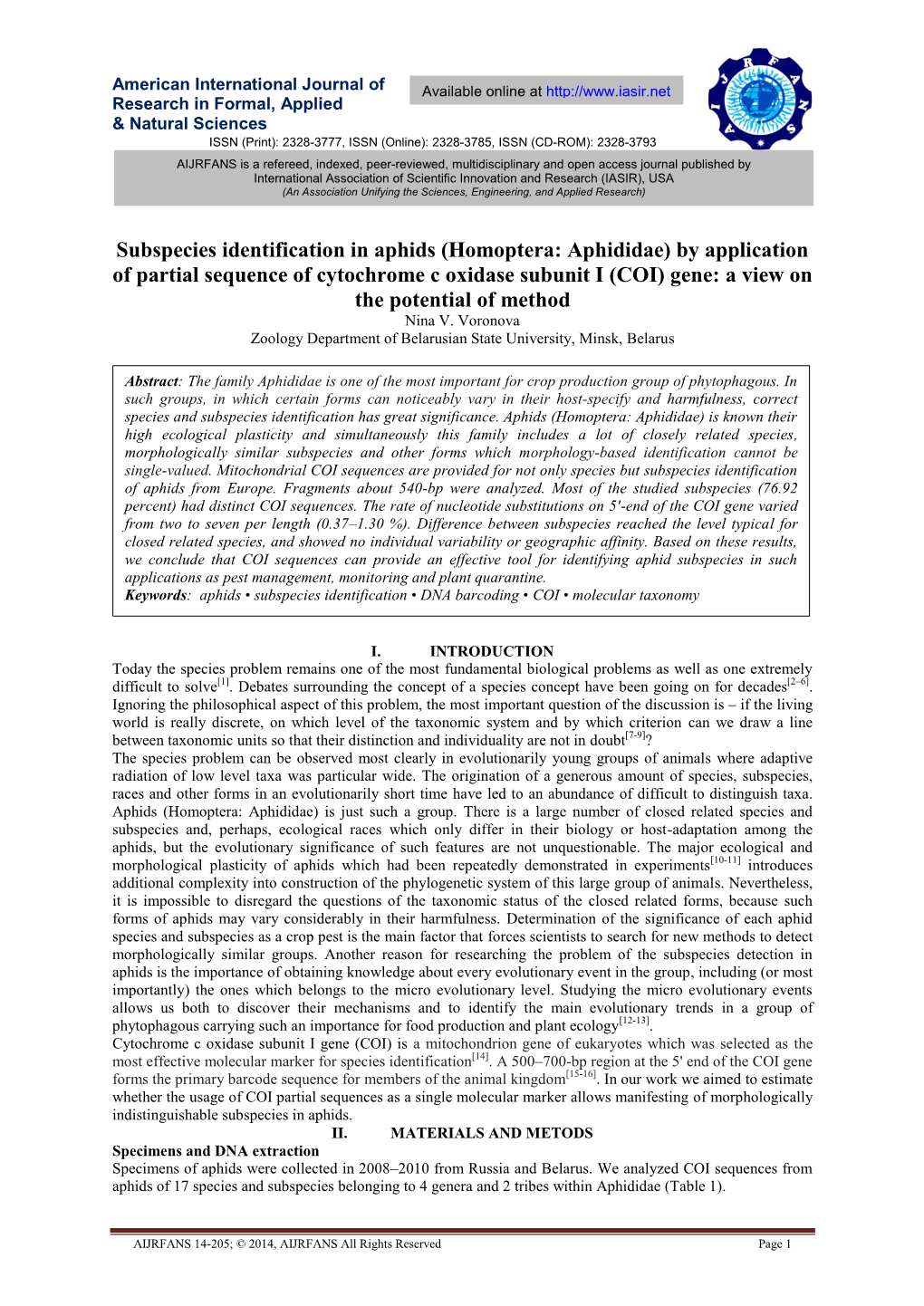 Subspecies Identification in Aphids